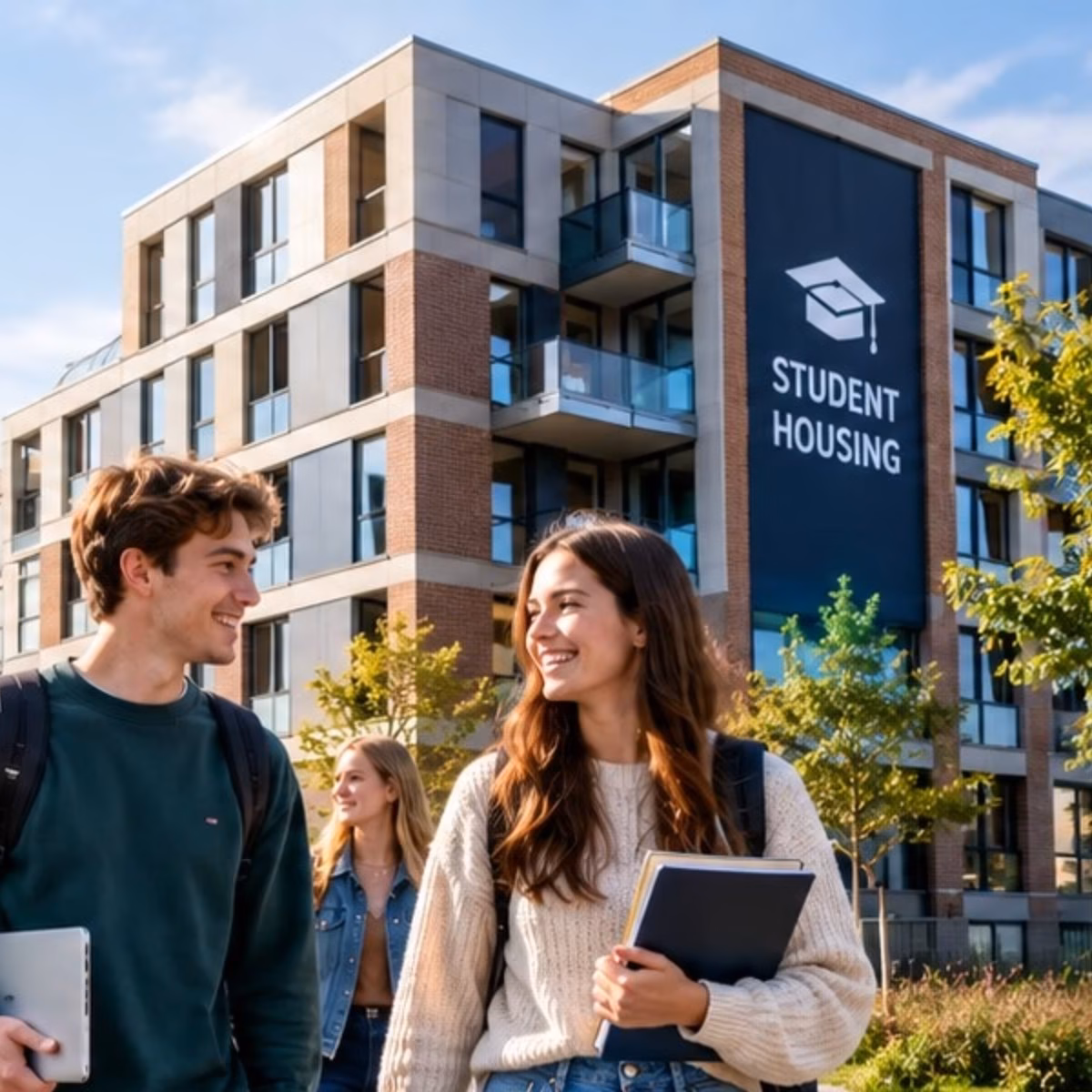 Studenten lopen langs een nieuw studentencomplex